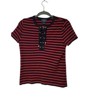 Chaps Classics Striped Knit Top Lace Up Nautical Tee Shirt Red Blue S (228)‎